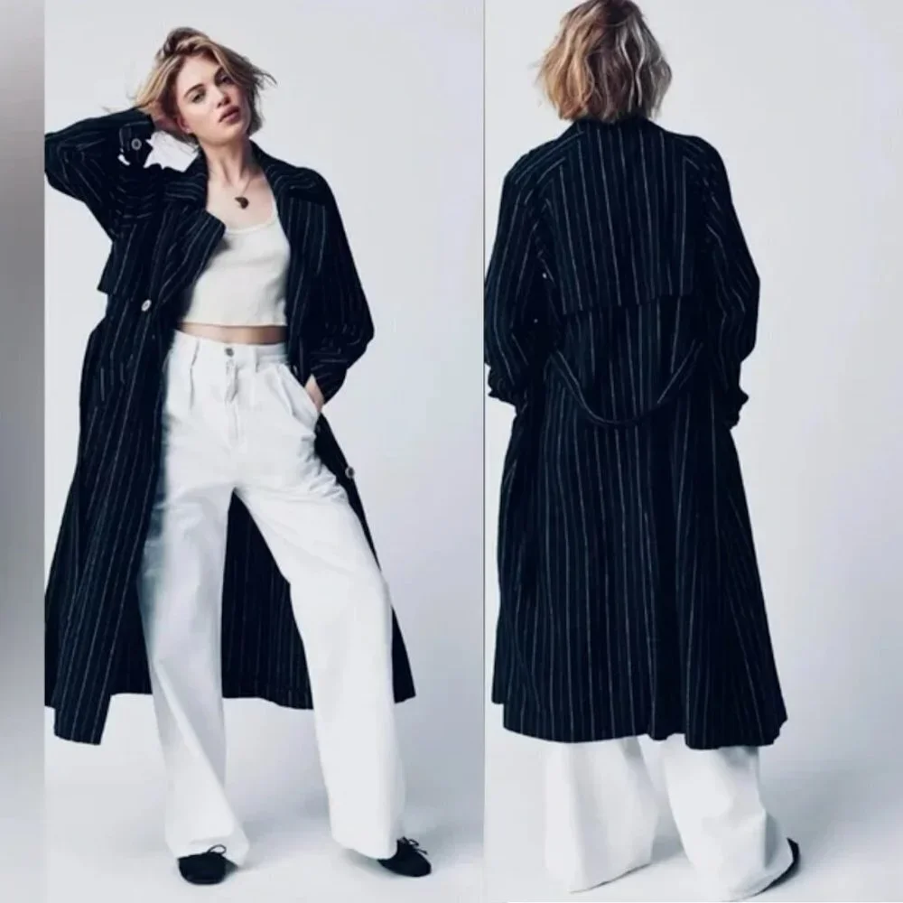 New Free People Linen Blend Blue Striped Melia Mac Trench Coat Size XS
